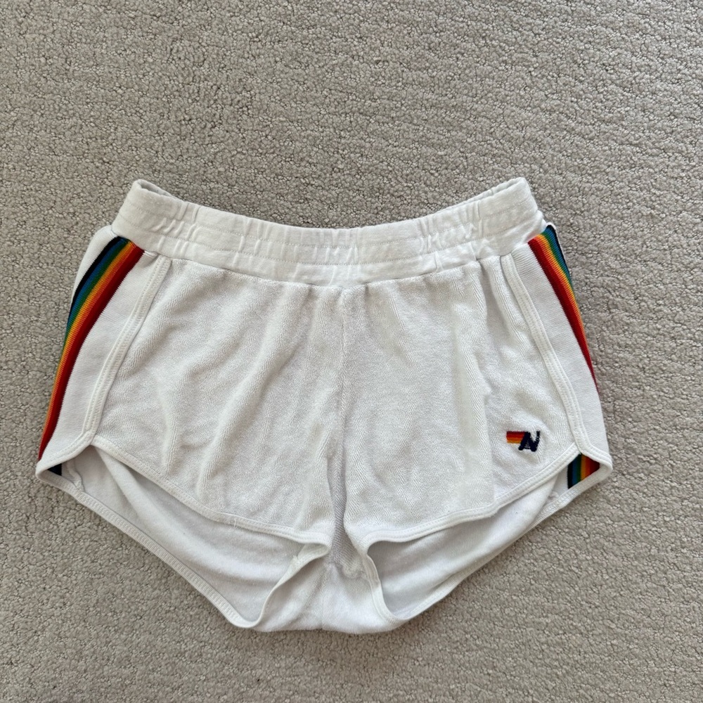 Aviator Nation White Terry Cloth Shorts with Rainbow Stripes